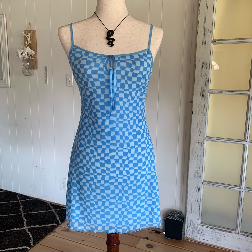 Blue checkered 90s inspired mesh dress